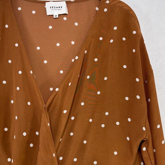 Sezane Blouse Women 42/US 10 Anya Orchard 100% Silk Polka Dot Wrap Tie Romantic - Picture 13 of 13